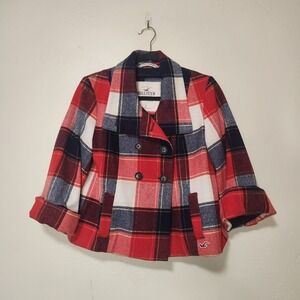 Hollister Y2K Red Plaid Swing Peacoat Wool Blend Size Small
